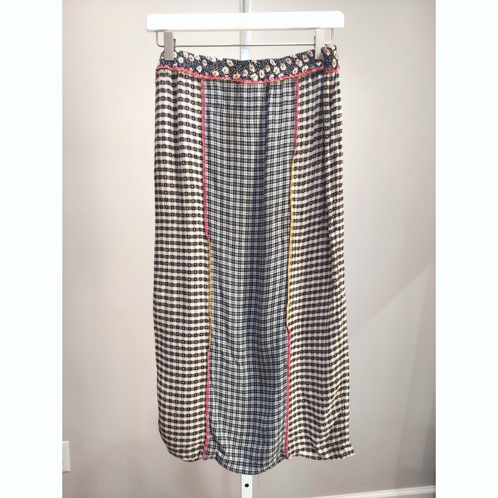 Vtg 90s Womens Plaid Patchwork Maxi Skirt Trim S Cottagecore Artsy Mixed Print